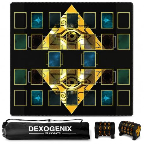 DEXOGENIX 2 Player Playmat Compatible with Yu-Gi-Oh TCG, 24 x 24 Inch Stitched Duel Field Game Mat with Master Rule Zones, Black Gold Millennium Puzzle 4-Wheel Life Point Counter & Storage Bag