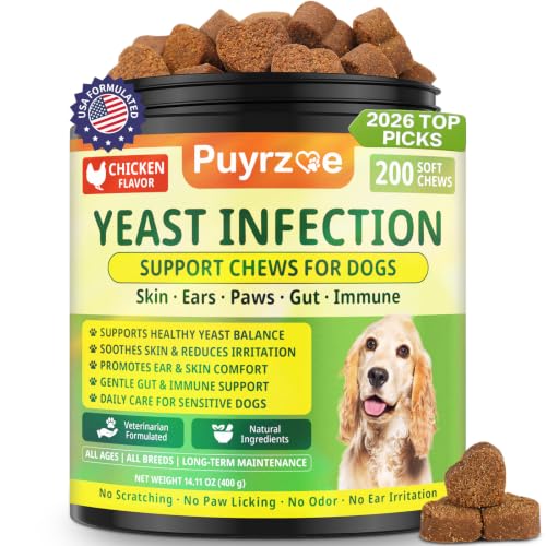 Puyrzoe Yeast Infection Treatment for Dogs Itchy Skin Paw Licking Ear Odor & Allergy Relief Natural Dog Yeast Infection Treatment 200 Soft Dog Yeast Treatment Chews with Probiotic Chicken Flavor