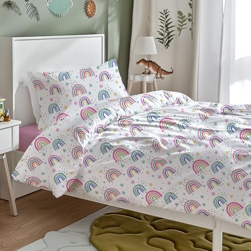Juego de Funda Nórdica Infantil para Cama 90 cm de 3 Piezas - Funda Nórdica 150x220cm con 1 Fundas de Almohada y Bajera Ajustable,Patrón Unicornio de Poliéster Muy Suave y Transpirable