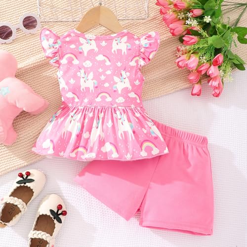 Image of Girls Summer Outfits Toddler Baby Girls Short Sets 2 Piece Clothing Set Flutter Sleeve Shirt and Short 2-7 Years