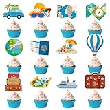 48 Pack Travel Cupcake Toppers Bon Voyage Map Suitcase Globe Cupcake Picks for Kids Adventure Awaits Theme Around The World Party Baby Shower Birthday Party Decoration Supplies ﻿