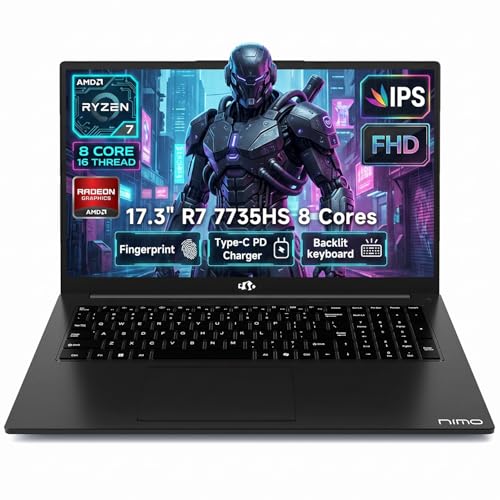 Image of NIMO Gaming Laptop 17.3 inch IPS FHD - AMD Ryzen 7 7735HS 8-Core /16-Thread, Radeon 680M Graphics, 64GB DDR5 Ram, 2TB PCIE4.0 SSD, Backlit Keyboard, Fingerprint, 100W PD Type-C, Windows 11 Computer