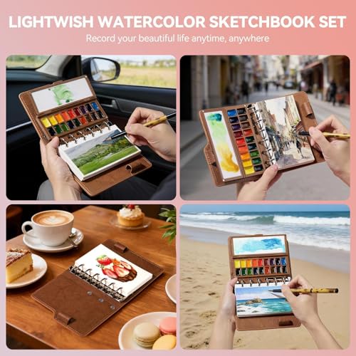 Portable Watercolor Sketchbook Set - 100% Cotton 5.1x3.0 Inch Cold Press 20 Sheets Binder Art Journal with 18-Well Ceramic Paint Palette & Travel Watercolor Brushes for Artists Outdoor Painting - Thumbnail 2