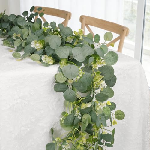 HUZIYAHAN Eucalyptus Garland Faux Silk Leaf Silver Dollar Artificial Greenery Fake Eucalyptus Leaves Garlands for Table Wedding Party Indoor Outdoor Arch Wall Mantle Room Home Decoration (1 5.5 FT)