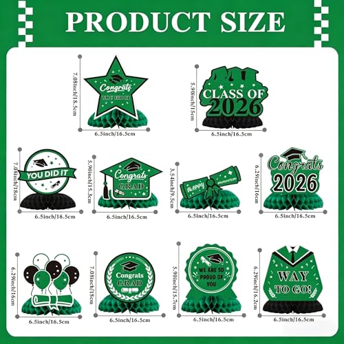 Image of Graduation Party Decorations Class of 2026, 10PCS Graduation Centerpieces for Table, Congrats Grad Table Centerpiece Congratulate Graduation Honeycomb Table Toppers for Graduation Party Supplies Green