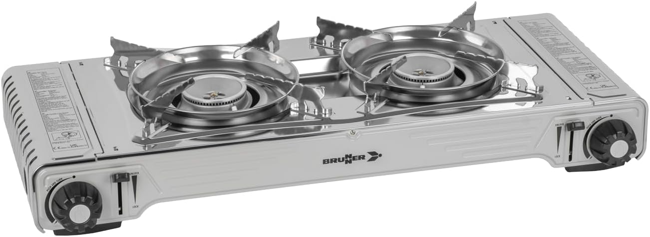 Brunner Devil Double Grill camping stove with two burners and control knobs