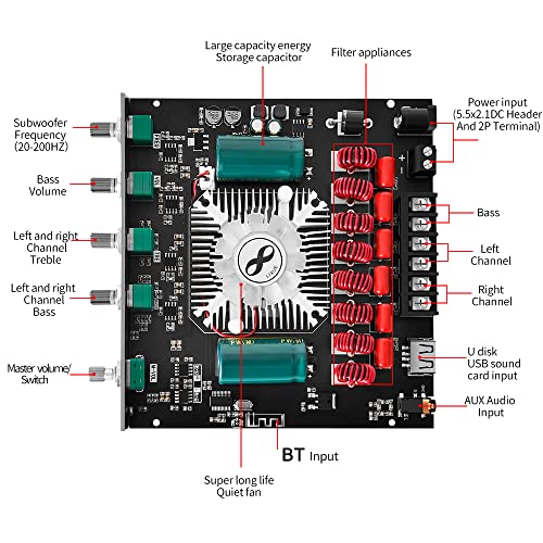 Qican 2.1 canais BT 5.1 módulo de placa amplificadora de áudio digital alto e baixo tom subwoofer su