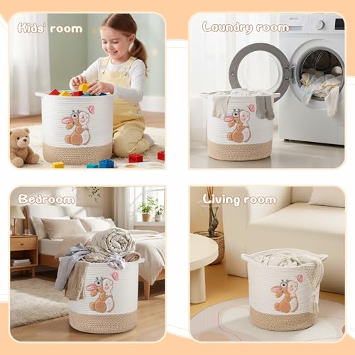 Image of Toy Storage Baskets Woven Cotton Rope Storage Basket for Kids, Blanket Baskets for Living Room Stuffed Animal Storage Toys Organizer with Embroidery Decor, Cute Baskets for Nursery (Bunny)