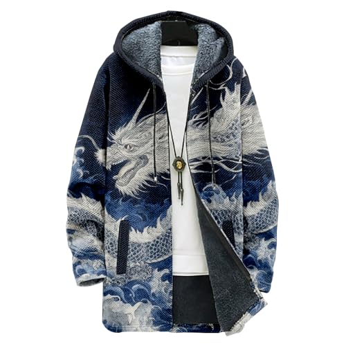 Mens Long Cardigan Hoodies Hooded Jacket Dragon Graphic Open front Sweater Hoodie with Pockets Winter Coats