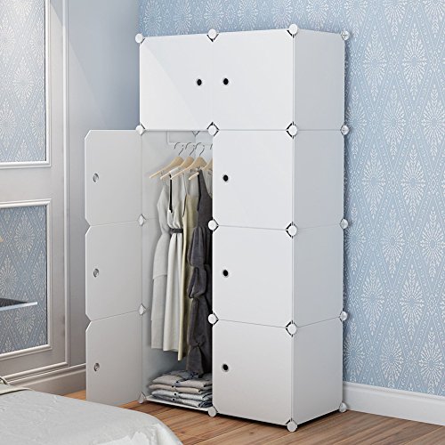 Image of MAGINELS Wardrobe Armoire Closet Organizer Clothes Cube Storage for Clothes Bedroom Portable Large White 5 Cube & 1 Rod