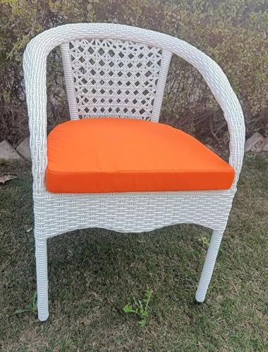 Image of PRATHAM India Patio 4+1 Furniture Set Bistro Set Porch Backyard Garden Outdoor Furniture Rattan Chairs and Table Wicker Conversation Set (White with Black Lines, Orange Cushion 4+1 Square Table)