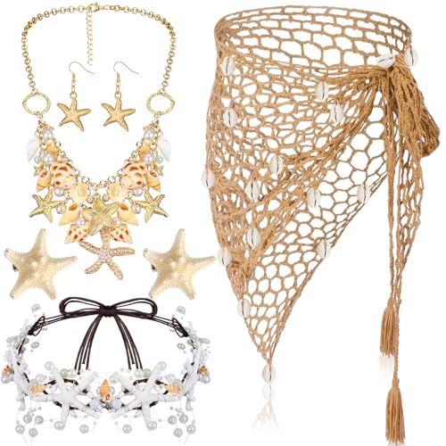 Image of Blosssound 6 Pcs Mermaid Costume Accessories Mermaid Crochet Skirt Swimsuit Crochet Necklace Earrings Headband Hair Clip