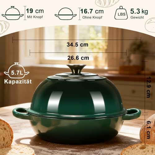 AHJ Gusseisen Topf Brot Backen, 5,7L Brotbacktopf mit Gärkorb & Silikonmatte,Emaille Dutch Oven 26cm für Sauerteig Brot, Bräter Schmortopf für Backen Schmoren & Braten,Geschenk für Brotbäcker (Grün) 2