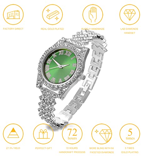 Image of Halukakah Diamonds Gold Watch Iced Out, Kid's 18K Real Gold /Platinum White Gold Plated 36MM Width Green /Blue /Red Dial Quartz Wristband 8 inch with Cuban Link Chain 7 inch+16 inch Bracelet, Free Giftbox