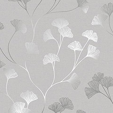Holden Decor 12700 Glistening Gingko Grey Silver Paper Wallpaper Grey/Silver Full Roll Cover