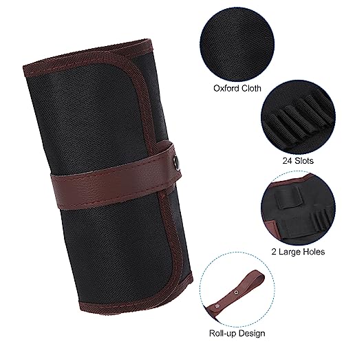 Image of PATIKIL Handmade 24 Slots Roll Up Pencil Case, Oxford Cloth Pencil Wrap Pouch Pen Holder Organizer for Artist Drawing Coloring Sketching, Brown /Black