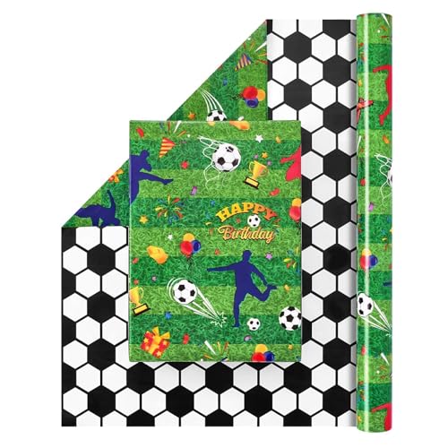 WERNNSAI Soccer Wrapping Paper Roll - 1 Roll 17x 33 ft Happy Birthday Wrapping Paper Roll Reversible Sports Soccer Print Design Gift Wrap Paper Boys Wrapping Paper Bday Party Favor