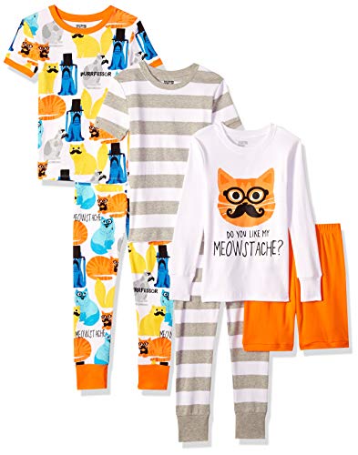 Spotted Zebra Boys' Kids Snug-Fit Cotton Pajamas Sleepwear Sets, 6-Piece Meowstache, Medium