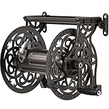 Garden Hose Reel Wall Mount Metal, Holds 125 ft x 5/8' Decorative Water Hose Holder for Outside Storage, Heavy Duty Aluminum Frame w/Shelf, No-Leak Aluminum Water System, Easy Assmbly, Dark Bronze