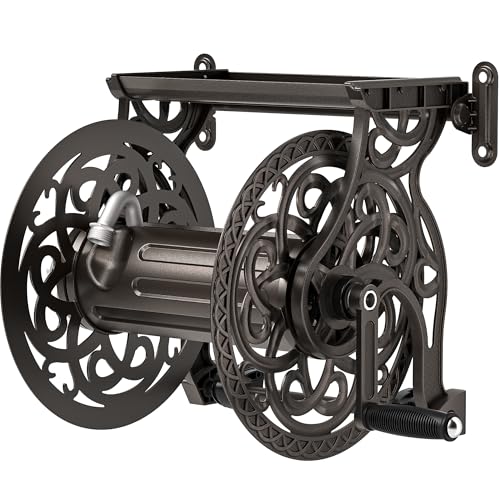 Garden Hose Reel Wall Mount Metal Holds 125 ft x 5/8 Decorative Water Hose Holder for Outside Storage Heavy Duty Aluminum Frame w/Shelf No-Leak Aluminum Water System Easy Assmbly Dark Bronze