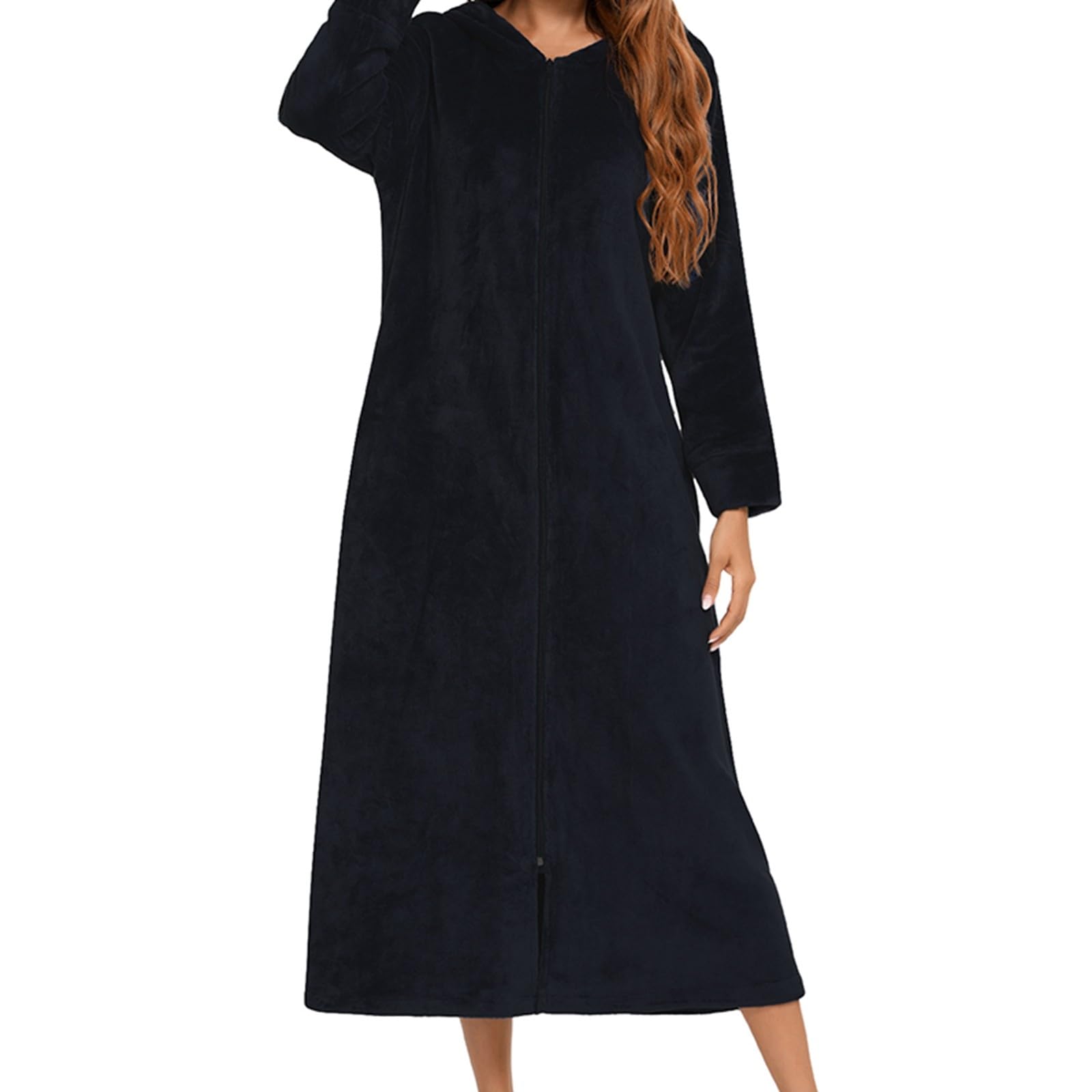 Robe De Chambre Capuche avec Zipper, Peignoir De Bain Femme Polaire Unie, Chemise De Nuit Grande Taille à Manches Longues, Chaud Et Confortable VêTements De Nuit Femme Automne Hiver