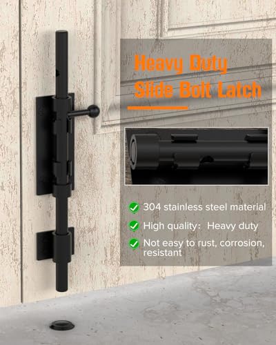 Image of 10 inch Barrel Bolt Latch, Heavy Duty Slide Bolt Gate Latch, 304 Stainless Steel Thickened Metal Gate Locks for Outdoor Fence, Shed, Wooden Gate, Barn, Patio, Courtyard (Black - 1pc)