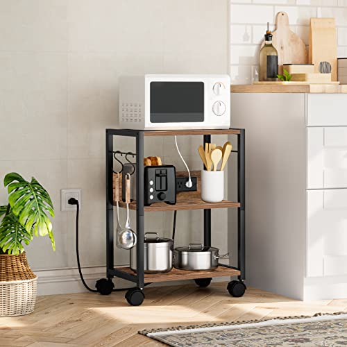 Mahancris Industrial Printer Cart, 3-Tier Mobile Printer Stand, Rolling Cart With Power Outlets And Usb Ports, Home Printer Stand With 2 Hooks, For Office, Living Room, Rustic Brown Pthr40E01Z #TOP2