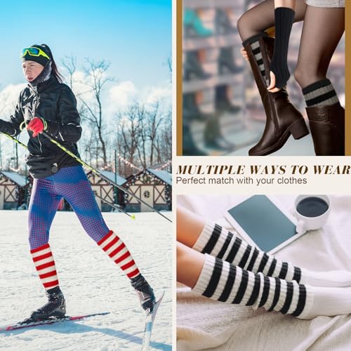 Image of Therwen 6 Pairs Knit Leg Warmers Arm Warmers Set for Women Cable Knit Leg Warmers Knee Warmers Thigh High Socks