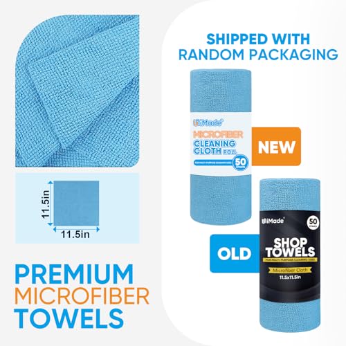 UNIMADE Microfiber Cleaning Cloth, 150 Sheets Shop Towels Commercial Grade Washcloths Lint-Free Work Rags Bulk Towels for Cars Mechanic Restaurant Garage Housekeeping, 11.5\"x 11.5\", Blue