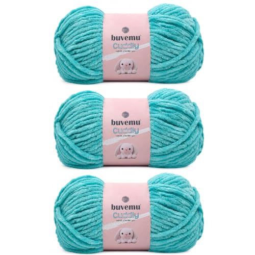 Image of Cuddly Velvet Chenille Yarn, Super Soft Bulky, Turquoise, 3-Pack