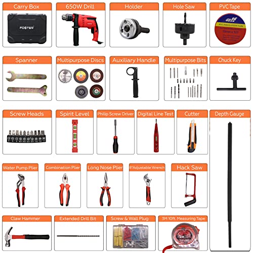 Image of Foster Fk-5513 Pro Reversible Impact Driver Drill Machine 160Pcs Hand Tool Kit (13Mm Chuck Size, 650W)