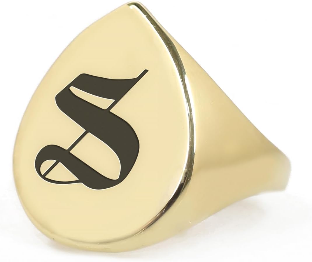 14k Gold Gothic Signet Ring - Engraved Bold Statement Pear Shaped Jewelry