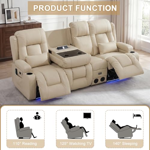 Image of URRED Power Loveseat Recliner Sofa with Massage and Heat, Wall Hugger Reclining Loveseat with Console, RV Couch Home Theater Seating with LED Lights for Living Room (Beige, 89.8 inch - 3 Seats)