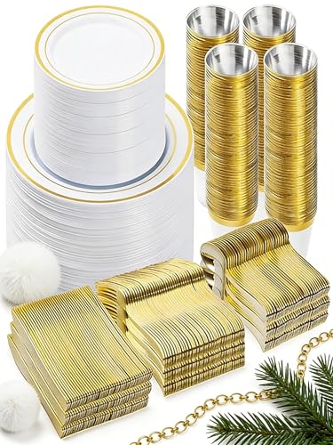 BESTVIP 600PCS Gold Dinnerware Set for 100 Guests, Plastic Plates for Party, 100 Gold Disposable Plates, 100 Dessert Plates, 100 Cups, 100 Spoons, 100 Forks and 100 Knives BESTVIP 600PCS Gold Dinnerware Set for 100 Guests, Plastic Plates for Party, 100 Gold Disposable Plates, 100 Dessert Plates, 100 Cups, 100 Spoons, 100 Forks and 100 Knives