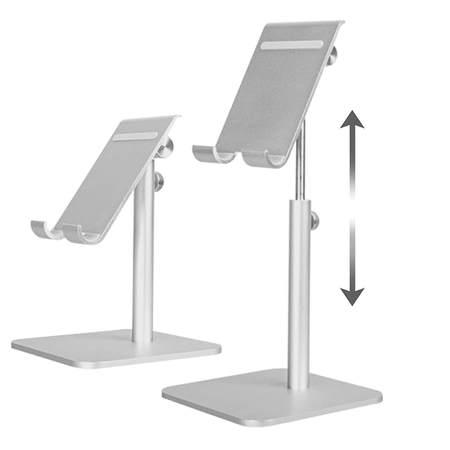 Phone Stand Holder, Height Adjustable Desktop Cell Phone Stand, 360 Degree Rotating Tablet Holder, Aluminum Cradle Mount Dock for iPhone, iPad, Nintendo Switch, Kindle, eBook Reader (Silver)