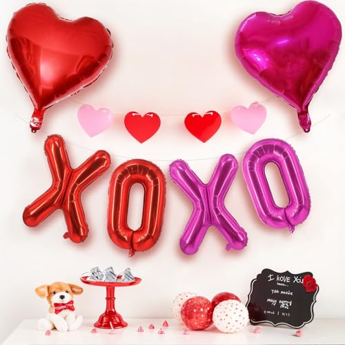 Image of Red XOXO Heart Balloons 6 Pcs Valentines Day Balloons Red Pink Heart Shaped Balloon XOXO Foil Balloon Letters for Girls Women Anniversary Sweet Valentine Day Romantic Decor Special Night Party