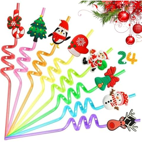 24 Pieces Christmas Party Favors Christmas Drinking Straws, Wsimily Xmas Theme Reusable Straws for Kids Adults Gifts Santa Claus Reindeer Christmas Tree Snowman Cartoon Colorful Plastic Straw for Xmas Cover