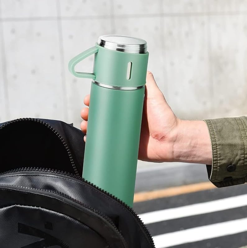 Image of 500ml Vacuum Insulated Stainless Steel Flask Set with 3 Cups Leakproof Double Wall Bottle for Tea Coffee Water Travel Office Gift Set Green