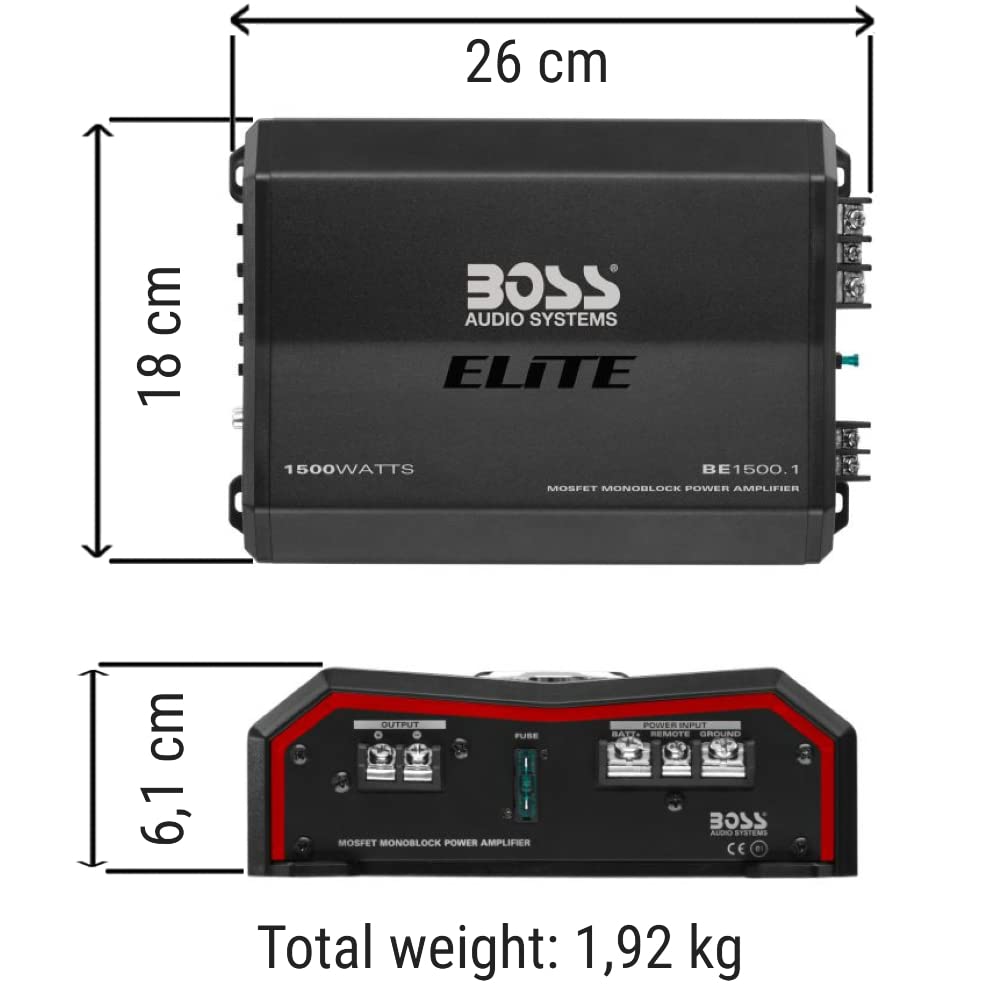 1 amplificatore monofonico compatibile con BOSS AUDIO SYSTEMS ELITE BE1500.1 1 canale da 1500 watt max classe a/b controllo remoto incluso, 1 pezzo