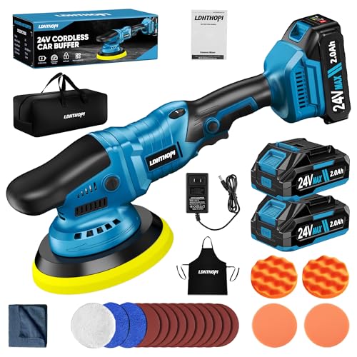 LDHTHOPI Cordless Buffer Polisher with 2×2000mAh Battery, 10000RPM 1600W High Power Car Polishing Kit with 6 Variable Speed, 23PCS Polishing Accessories for Car Polishing Waxing Detailing