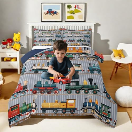 Erosebridal Kids Train Comforter Set - Twin Size for Boys & Girls - Colorful Steam Engine Bedding Sets - Cartoon Train Transportation Comforter with 1 Pillow Case, Gray, Green, Blue, Yellow, White