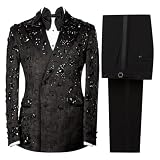FIXRIMCH 2 Pcs Men's Tuxedo Suits with Rhinestone Slim Shiny Jacquard Double Breasted Jacket Pants Set for Party,Dinner Black