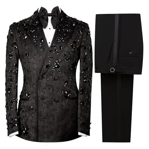 2 Pcs Men's Tuxedo Suits with Rhinestone Slim Shiny Jacquard Double Breasted Jacket Pants Set for Party,Dinner