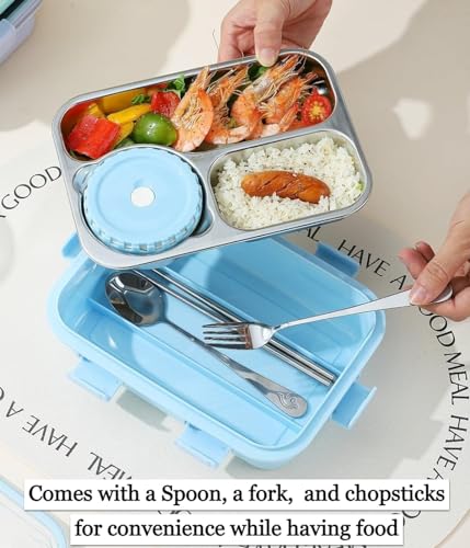 Image of Lovely Bright Solid Colored Airtight Leak-Proof Thermal Insulation Reusable Stainless Steel 3 Compartment Bento Lunch Box with Removable Bowl, Spoon, Fork & Chopsticks for Kids, School & Office