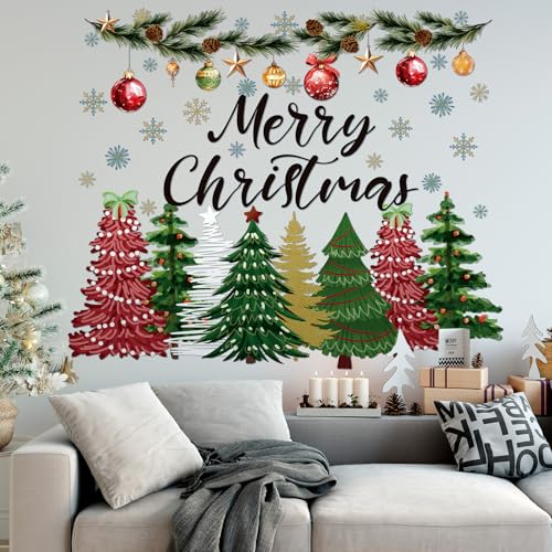 Drydiet 2 Pcs Large Christmas Tree Wall Decals 44 x 32 Merry Christmas Snow Watercolor Tree Wall Stickers Red and Green Peel and Stick Removable for Bedroom Living Room Offices Home Decoration