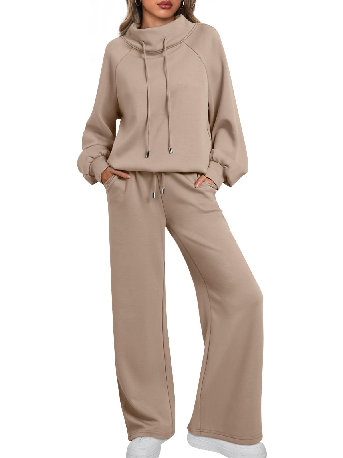 Photo 1 of AUTOMET Lounge Sets for Women Sweatsuits 2 Piece Outfits 2026 Fall Drawstring Sweatshirt Wide Leg Sweatpants Tracksuit Khaki L