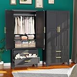erosoei Metal Armoire Wardrobe Closet, 71 'Metal Clothing Storage Cabinet with Adjustable Shelves and Hanging Rod, Household Steel Wardrobe Storage Cabinet with Drawers (Armoire-Black)