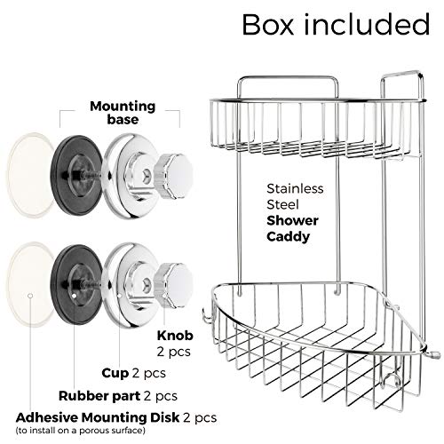 HASKO accessories - Suction Cup Corner Shower Caddy | 304 Stainless Steel Polished Chrome Shelf 2 Tier Basket Holder for Bathroom and kitchen