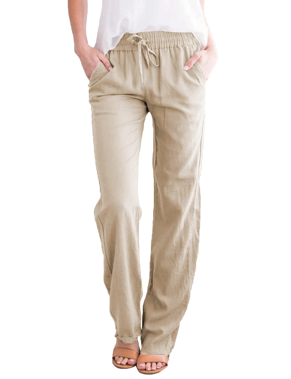 Yuson Girl Pantaloni Donna Tinta Unita Casual Pantaloni Elastico Pantaloni Leggeri Estivi Traight con Coulisse Pants Pantaloni in Cotone e Lino con Tasche