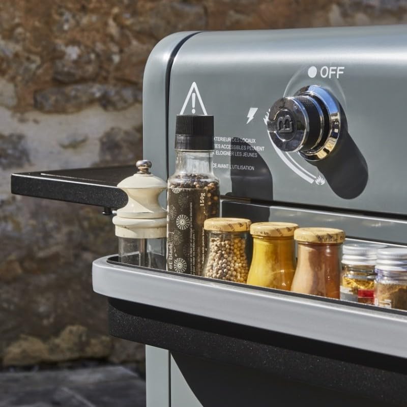BRASERO - Plancha Lola à gaz sur chariot équipé Gun Metal - 4 brûleurs à gaz - jusqu'à 14 convives - Surface de cuisson 88 x 35,5 cm - 9,6 kW - Récupérateur de graisse